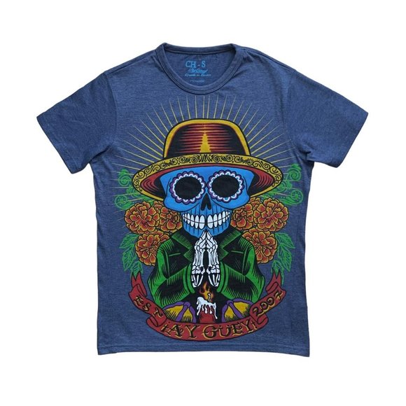 Sugar Skull Printed Cotton T-Shirt | Small | Blue - Picture 13 of 15